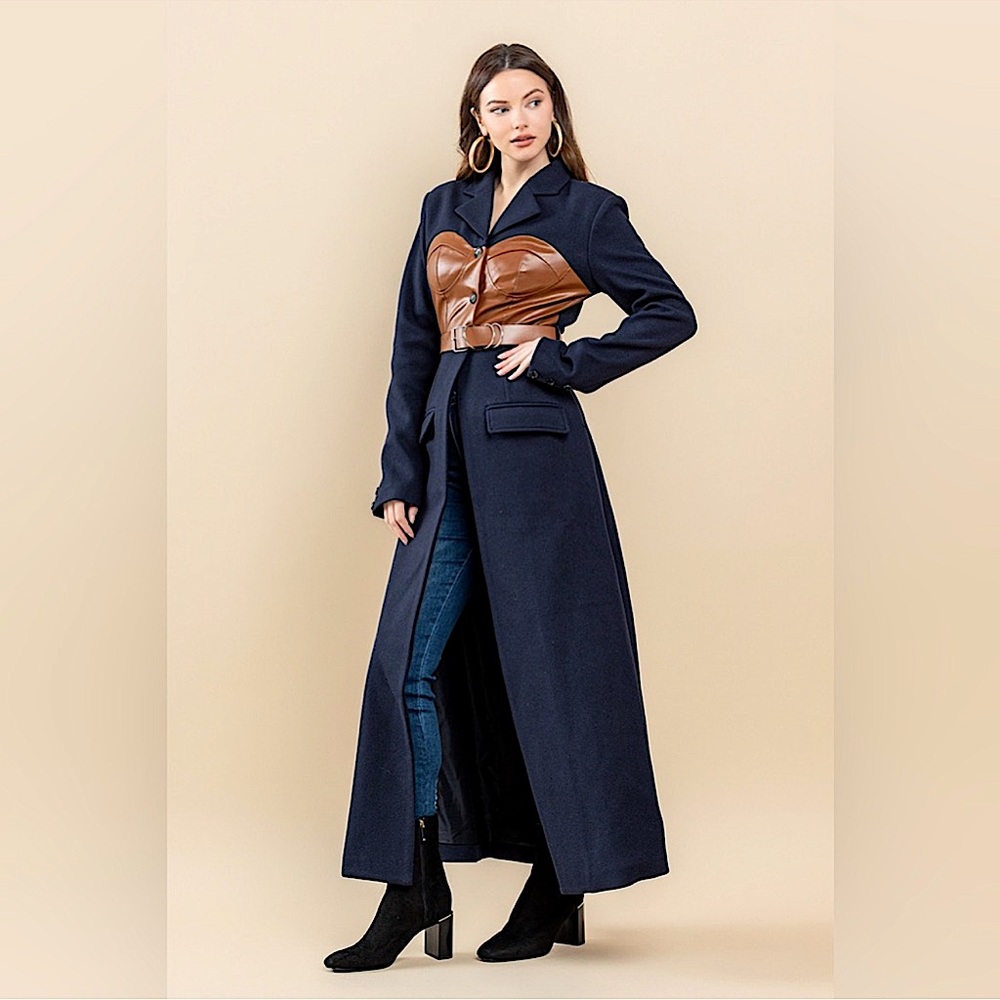 High End Leather Bustier Trench Coat In Navy and Brown NWT